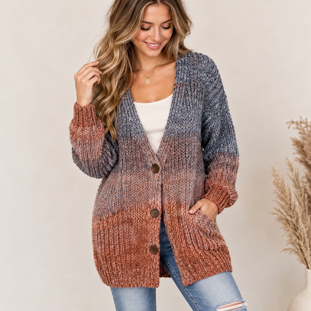 Altar'd State XS Ombre Cardigan Sweater Chunky Knit Longline Boho Blue Rust Cozy